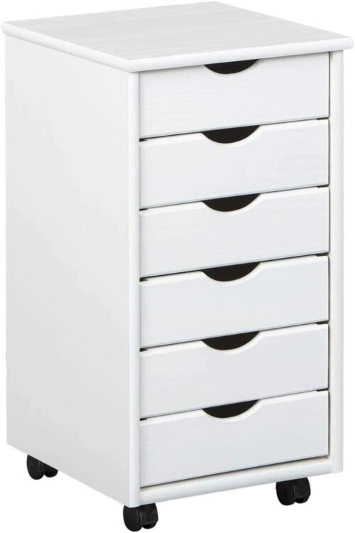 Inter Link – Caisson de bureau à roulettes – Avec tiroirs – Meuble de rangement mobile – Pin massif – 6 tiroirs – Blanc vernis