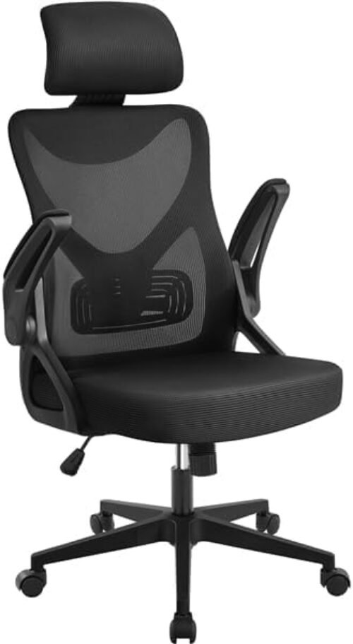 Yaheetech Chaise de Bureau en Maille avec à Haut Dossier avec Accoudoirs Relevables Appui-tête Support Lombaire Assise Réglable en Hauteur Charge Max 136kg Noir