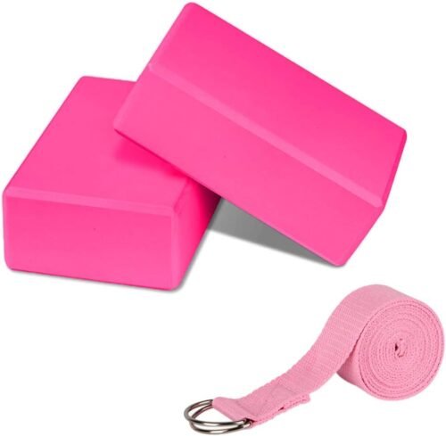 PUDSIRN Lot de 2 blocs de yoga en mousse EVA haute densité antidérapants avec sangle de yoga et anneau en D en métal pour améliorer l’équilibre et la flexibilité pour le yoga, le pilates, la