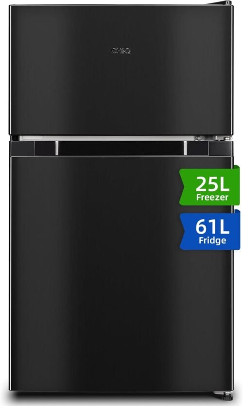 CHIQ FTM86L4E Réfrigérateur congélateur, 86 L (61/25), Petit réfrigérateur avec 2 portes, Congélation 4 étoiles, Casier à bouteilles, Thermostats réglables, Faible bruit, Foncé 2023