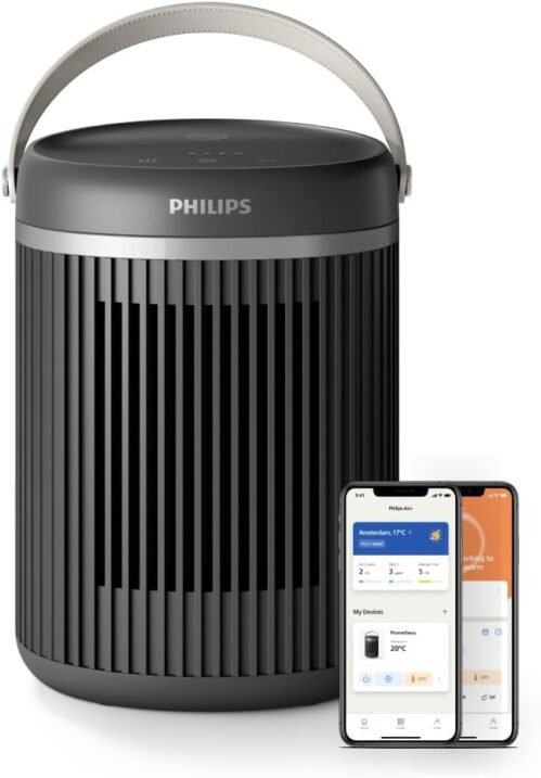 Radiateur soufflant connecté économe en énergie Philips série 3000 2000W, jusqu’à 50% d’économies d’énergie avec Eco AI, silencieux, 5 fonctions de sécurité, oscillation à 45°, gris foncé (CX3120/01)