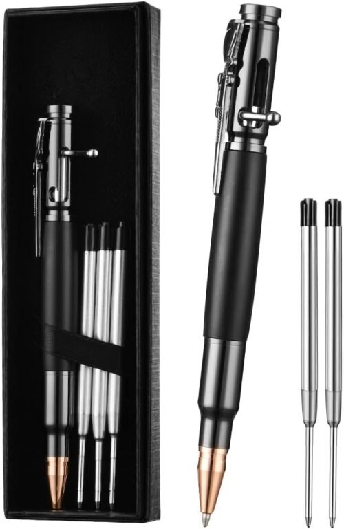 AUAUY Bolt Action Stylo à Bille, Premium Stylo D’écriture de Bureau Rétractable avec 5 Recharge et Coffret Cadeau, Métal Stylo pour EDC Signature Office School Business Pen (Noir)