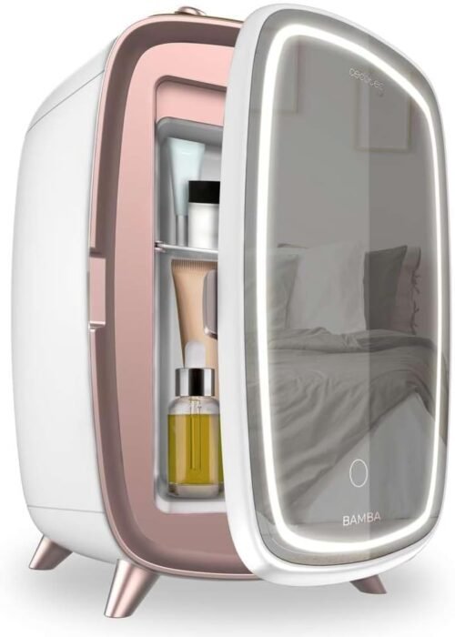 Cecotec Mini-réfrigérateur de cosmétiques 6L Bamba CoolingBeauty 6000 Mirror. Mini réfrigérateur avec porte à miroir extérieur, lumière LED avec 3 intensités, refroidissement jusqu’à 10°C