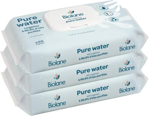 BIOLANE – Lingettes bébé nettoyantes Pure Water – Lot de 3×48 (144 Lingettes) – A l’eau Purifiée – Nettoie et protège – Corps et siège – Peaux Sensibles – Dès la naissance – Fabriqué en France