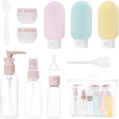 Carehabi Lot de 11 Flacon Voyage Set, Bouteilles de voyage 30/50/60/80 ml, Petits pots de crème, Vaporisateur transparent, distributeur à pompe shampoing, accessoires de voyage pour cosmétiques