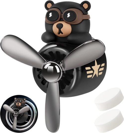 URAQT Désodorisant en Forme de Cartoon Bear Pilote Air Ventilateur, en Acrylonitrile butadiène styrène (ABS), Accessoires de Voiture D’ornement Ferrinisseur D’air Automobile, Noir