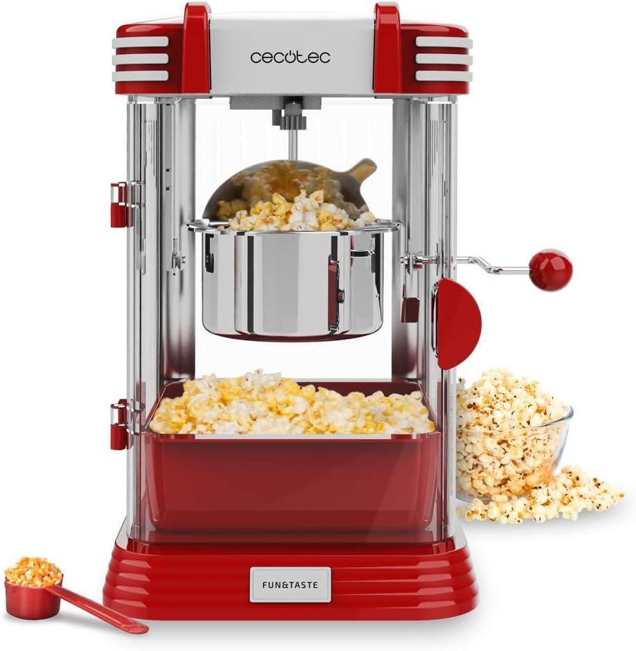 Cecotec Machine à popcorn électrique Fun&Taste P'Corn Classic. Machine à popcorn, 300 W, Design rétro, Pot en acier inoxydable de 500 ml, Plateau amovible, Lumière intérieure, Cuillère doseuse