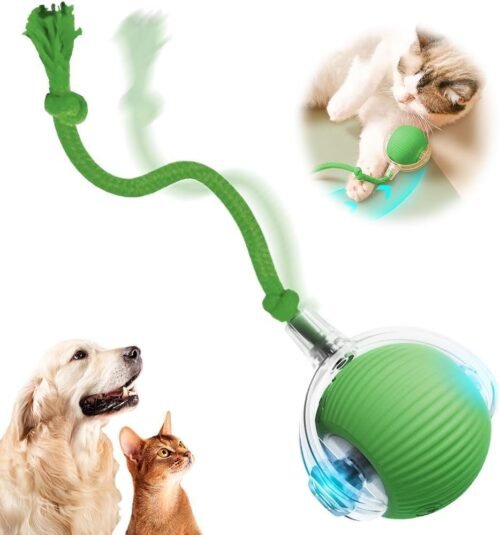 HOIDOKLY Balle interactive pour chat – Jouet interactif pour chien – Jouet automatique avec souris d’imitation corde – Jouet à rouler pour chien – Vert