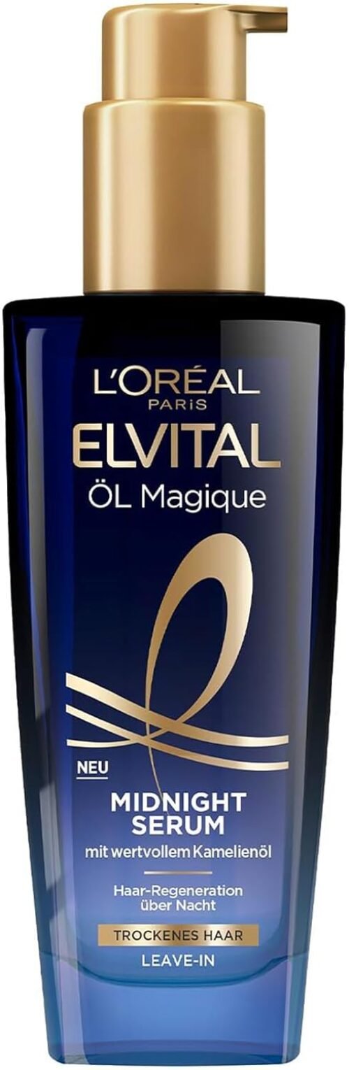 L’Oréal Paris Sérum nourrissant pour cheveux doux et brillants, agit durablement contre les frisottis, ne laisse pas de résidus, à l’huile de fleur de camélia, sérum Magique de Midnight d’Elvital, 100