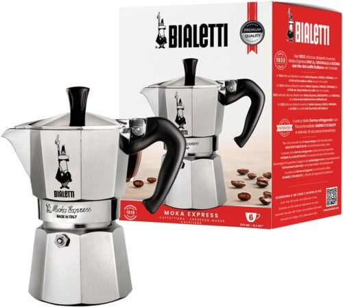 Bialetti – Moka Express: La Cafetière Expresso Iconique, Le Vrai Café Italien, Cafetière 6 Tasses (270 Ml), Aluminium, Argenté