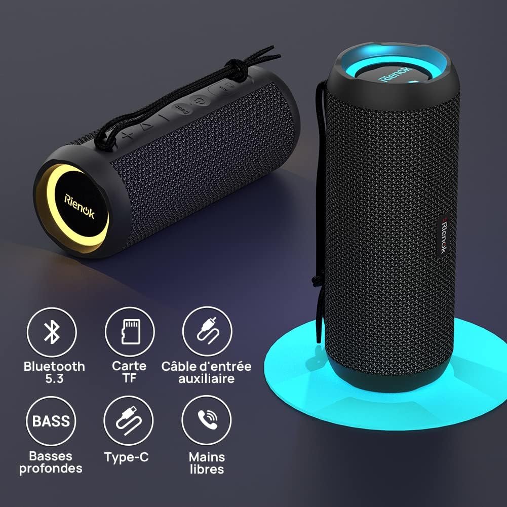 RIENOK Enceinte Portable Bluetooth aux Basses Renforcées, 30H, Bluetooth 5.3, 30W Enceinte Puissante, IPX7, AUX, TF Carte, pour Fêtes/Voyage/Extérieur, Noir – Image 6