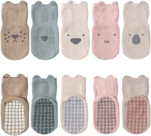 FedMois 5 Paires Chaussettes Antidérapantes en Coton Bébé Enfant Motif Animaux