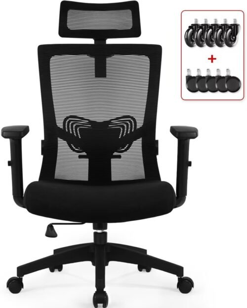 Daccormax Chaise Bureau Ergonomique, Fauteuil de Bureau Confortable à roulettes, Siège Inclinable Pivotant, Accoudoirs Réglables, Appui-Tête Ajustable 11cm, Support Lombaire Réglable, Noir