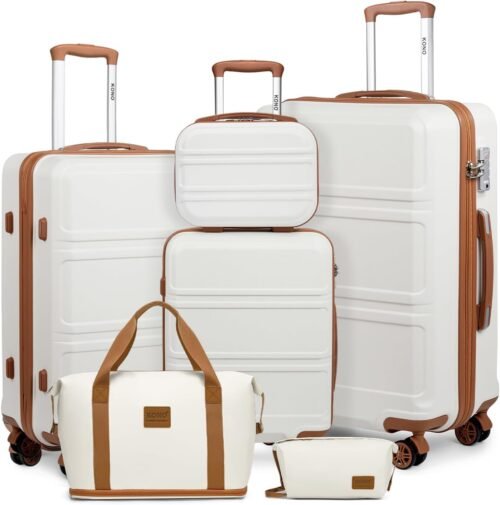 Kono Set de 6 Valises de Voyage Rigide Ensemble de Valise (55/65/74cm) à 4 roulettes avec Portable Vanity Case et Pliable Sac de Voyage pour Sport avec Trousse de Maquillage, Blanc Crème
