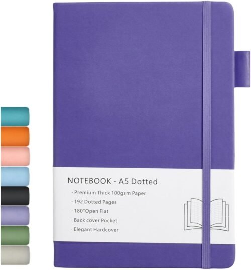 Carnet en Pointillé A5, Dotted Journal avec Papier épais de 100 gsm, Couverture Rigide, Poche Intérieure, Bande élastique, Couverture en Similicuir, 192 Pages, 14,5 x 21,3 cm (Violet)