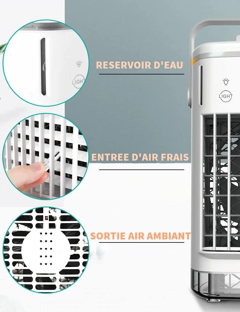 COOLI FRAIS Climatiseur Mobile Sans Evacuation, Clim' Tactile 2024 USB Type-C Portable, Double Reservoir Eau + Glace 700mL, 4 Vitesses / 2 modes de refroidissement (fraîcheur & brouillard), Silencieux – Image 8