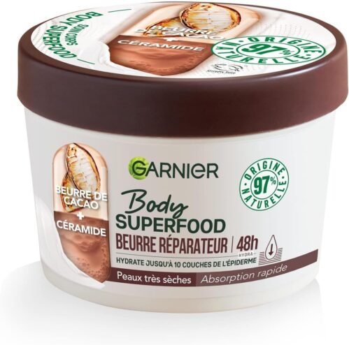 Garnier – Body Superfood – Crème Soin Corps Réparatrice – Hydratation 48H – Formule Vegan & à 97% d’Origine Naturelle – Au Beurre de Cacao & Céramide – Pour Peaux Sèches – 380 ml