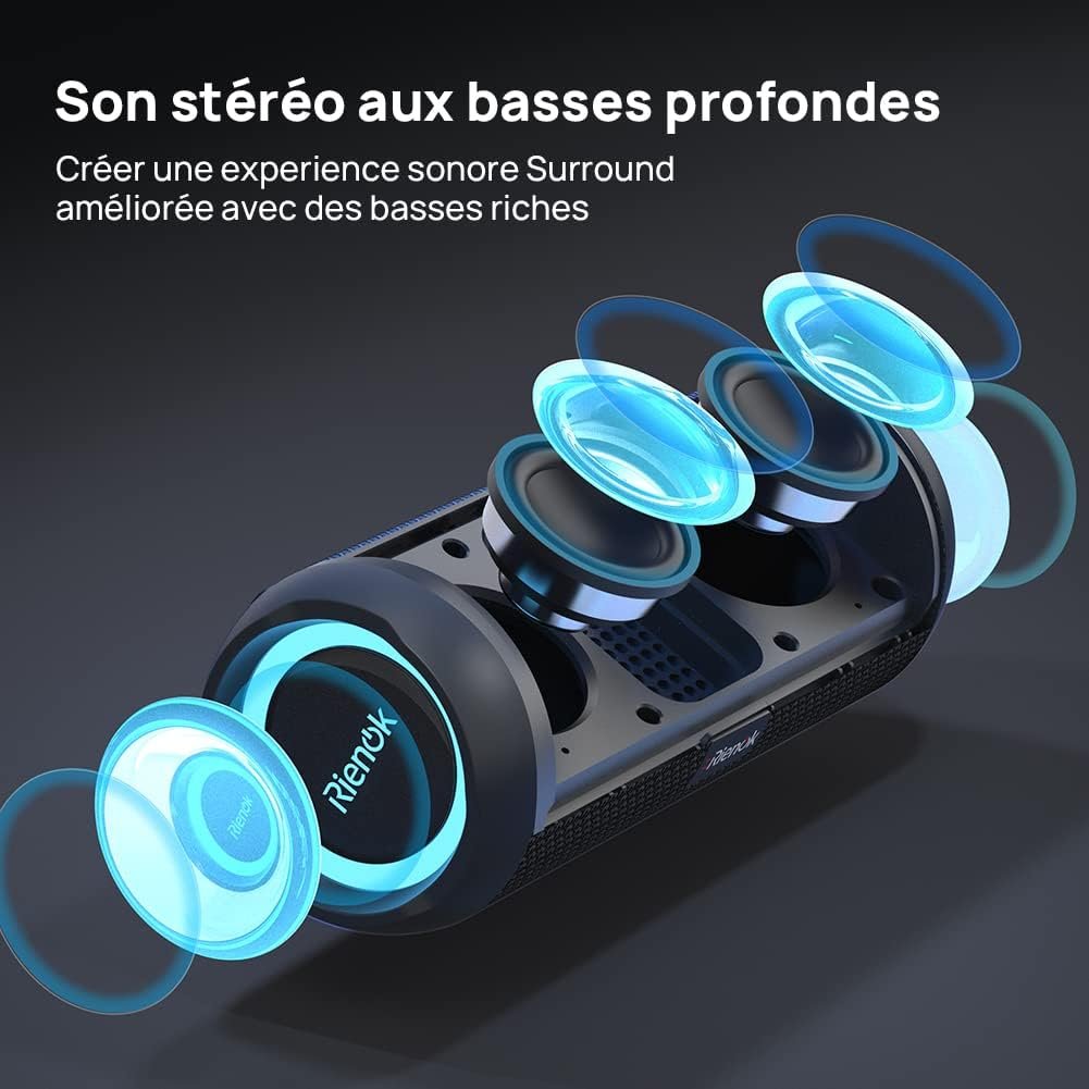 RIENOK Enceinte Portable Bluetooth aux Basses Renforcées, 30H, Bluetooth 5.3, 30W Enceinte Puissante, IPX7, AUX, TF Carte, pour Fêtes/Voyage/Extérieur, Noir – Image 2