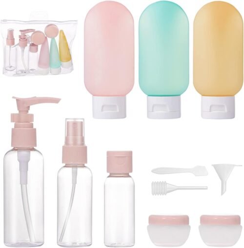 Bouteilles de voyage pour remplir des bouteilles en plastique Ensemble de voyage portable de 11 pièces avec vaporisateurs, flacons à pompe et pots de crème contenants cosmétiques liquides