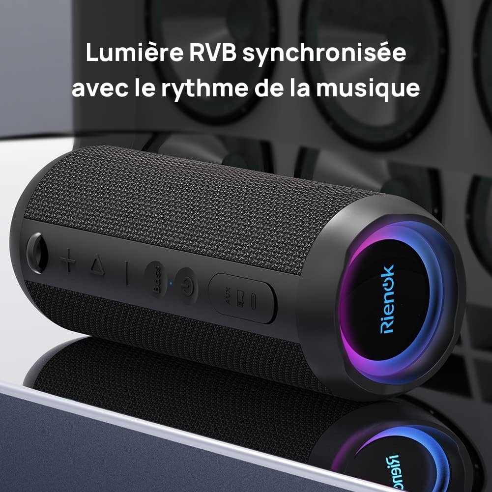 RIENOK Enceinte Portable Bluetooth aux Basses Renforcées, 30H, Bluetooth 5.3, 30W Enceinte Puissante, IPX7, AUX, TF Carte, pour Fêtes/Voyage/Extérieur, Noir – Image 7