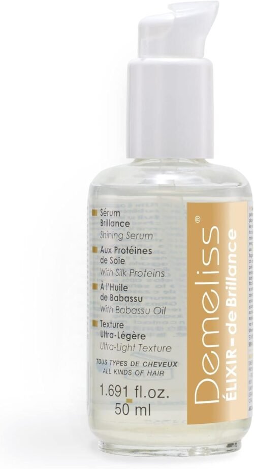 Demeliss – Sérum ELIXIR 50ml aux Protéines de Soie – pour Cheveux après Coiffage – Résultat Brillant et Soyeux – Texture Légère – Effet Anti-Frisottis – Sans Sulfate ni Paraben