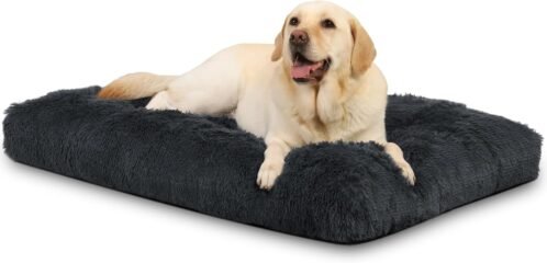 KSIIA Panier Chien Grande Taille, 90x60cm, Coussin Chien Lavable en Machine, Tissu Peluche Doux, Base antidérapante, Tapis Matelas Lit Chien Anti-Stress, Gris Foncé