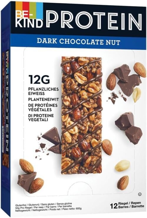 BE-KIND – Barres de Céréales Protéinées – Noix & Chocolat Noir – Sans Gluten – Riches en Fibres – Grand Format – 12 x 50g