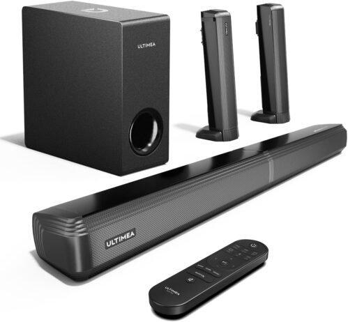 ULTIMEA 4.1 Dolby Atmos Barre de Son TV, 2-in-1 Bluetooth 5.3 Barre de Son avec Subwoofer, 280W Puissance Crête, 3 Modes d’EQ Barres de Son, Boost de Basse, HDMI in/eARC, Apollo S60 Détachable Série