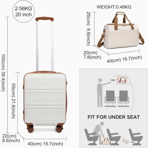 Kono Set de 2 Valises de Voyage Rigide Bagage Cabine 55cm à 4 roulettes avec Serrure TSA + Sac de Voyage Ryanair 40x20x25cm, Blanc Crème