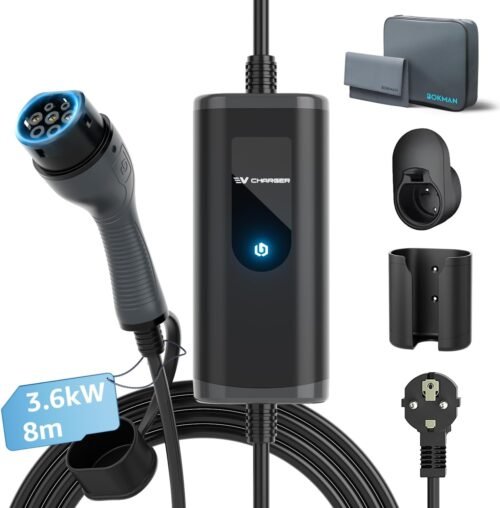 bokman Chargeur Voiture Electrique 16A, (8M, 3.68kW) Type 2 EVSE Portable Recharge Voiture Electrique Compatible avec Tesla Model Y, EX30, XC60, Q4, MG4, 208EV et PHEVs