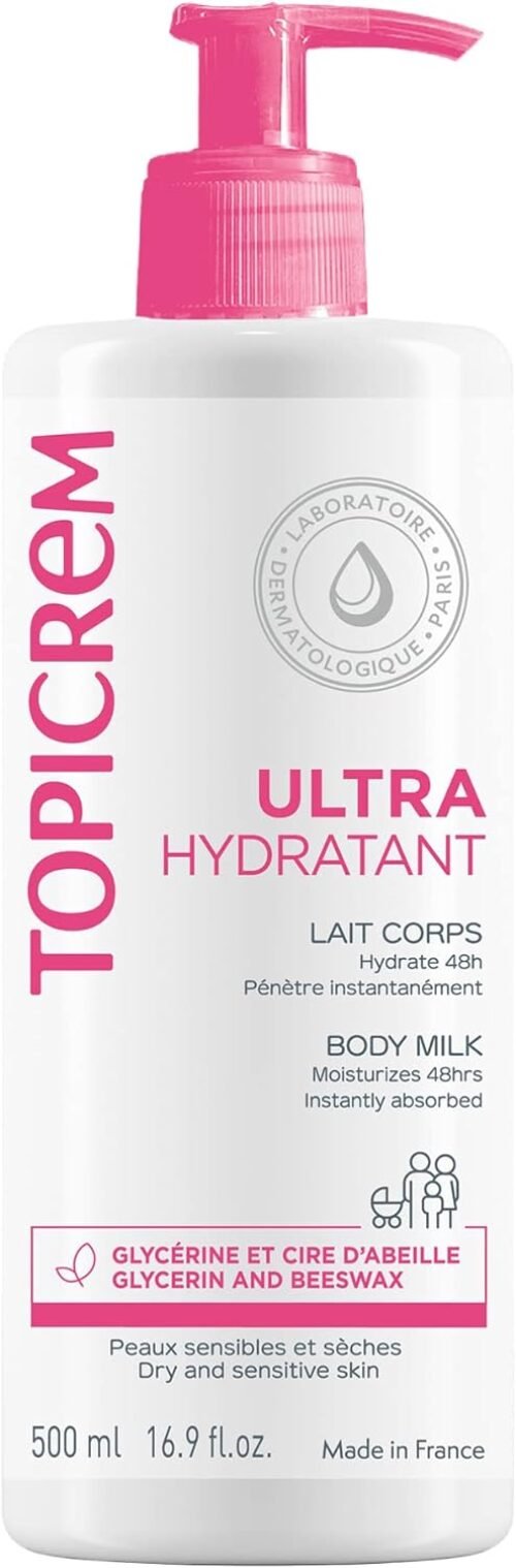 Topicrem – Ultra Hydratant Lait Corps – Hydrate 48h, Relipide, Protège la Peau – Texture Onctueuse, Odeur Délicate – Crème Hydratante pour Peaux Sensibles – Fabrication Française – 500 ml