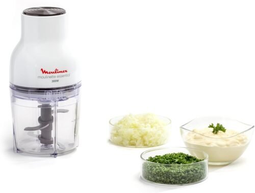 Moulinex Hachoir électrique, 400 ml, 300 W, 4 lames, Fonctions 3-en-1, Emince, Hache, Mixe, Système de pression simple, Moulinette Essential DJ520110, Blanc