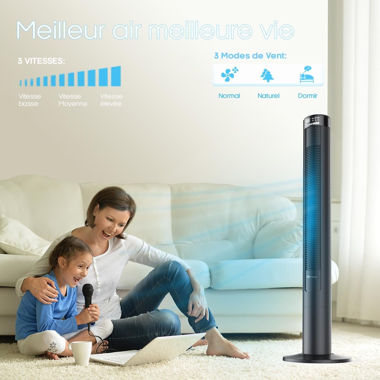 PureMate Ventilateur de refroidissement oscillant 117 cm avec télécommande, 3 vitesses de ventilation, 4 modes, minuterie 12-H, ventilateur sans lame silencieux 45 W pour la maison – Image 8