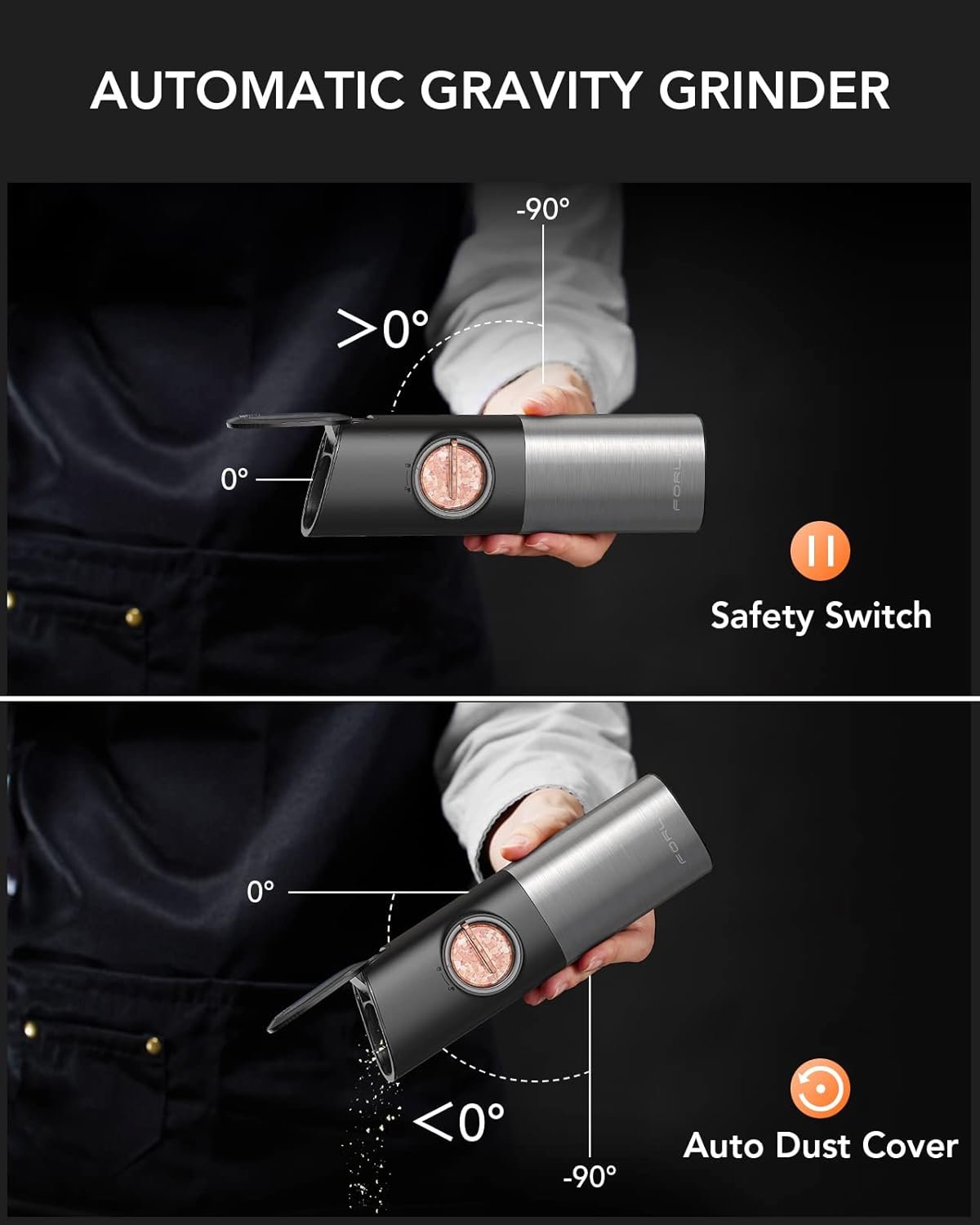FORLIM Moulins Sel et Poivre Electrique, Rechargeable USB avec Double Base de Chargement, Grossièreté Réglable, Couvercles Anti-Poussière Auto + Lumière LED, Opération à une Main, Lot de 2(Noir) – Image 4