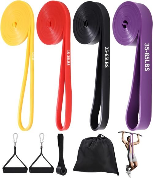 FAOKZE Lot de 4 Bandes de résistance avec ancrage de Porte, poignée, Sac de Transport, Bandes de résistance pour Fitness, étirement, Yoga, Musculation, Pilates