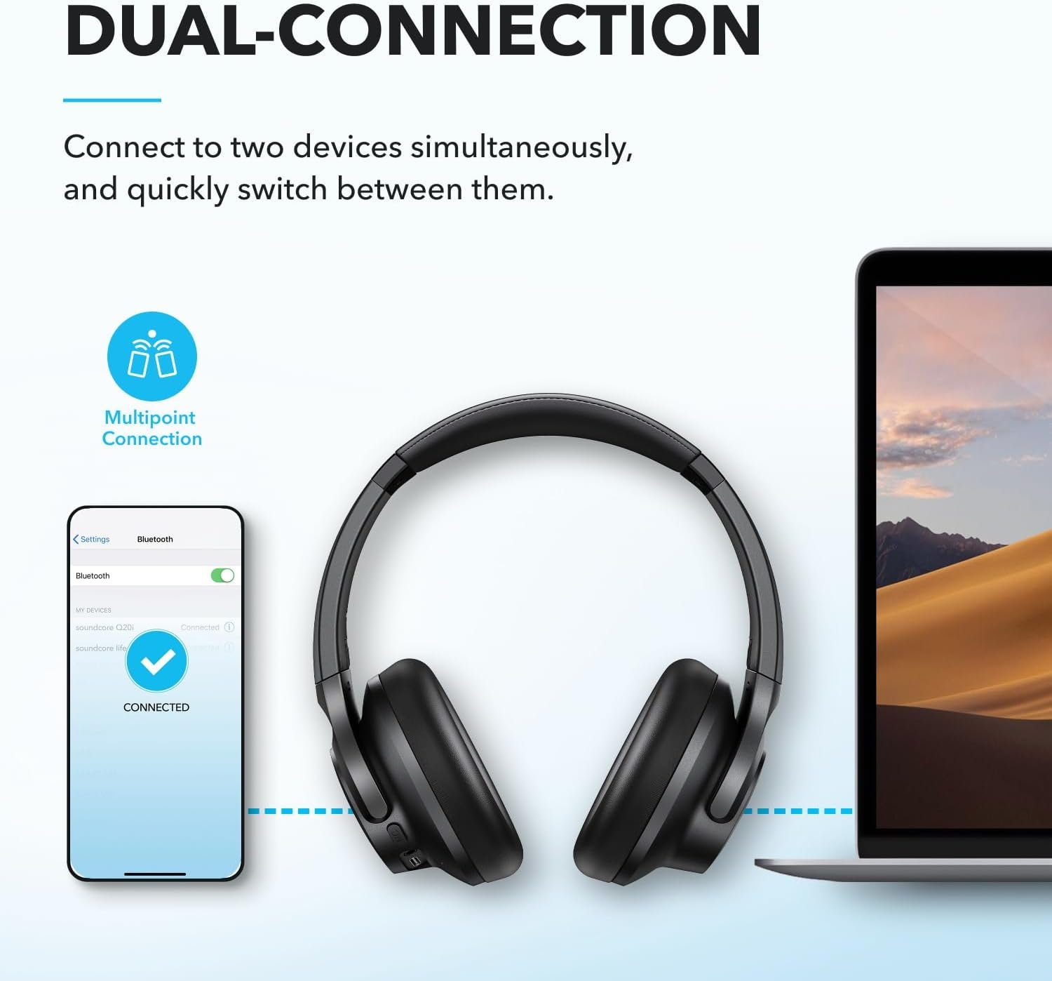 Soundcore Q20i Casque Bluetooth sans fil reducteur de bruit hybride active by Anker, Casque Over Ear, jusqu'à 40 Heures d'autonomie en mode ANC, Hi-Res Audio, Basses Profondes,Personnalisation via App – Image 7