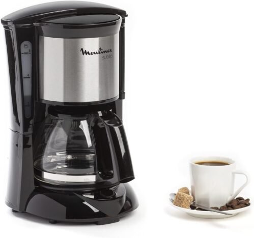 Moulinex Subito Cafetière filtre électrique, 0,6 L soit 6 tasses, Machine à café, Système anti goutte, Porte-filtre pivotant, Auto off 30 min FG150813, Noir/Inox