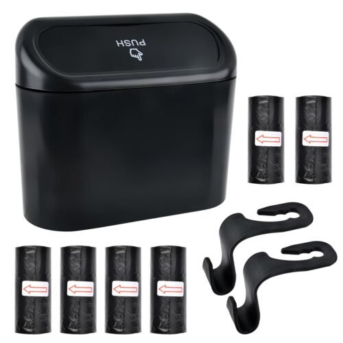 HUMOKI Poubelle de Voiture, Poubelle de Voiture avec Couvercle, Poubelle Voiture avec 90 PCS Petit Sac Poubelle de Voiture et 2 Crochets, Mini Poubelle Voiture, Poubelle De Voiture éTanche, Noir