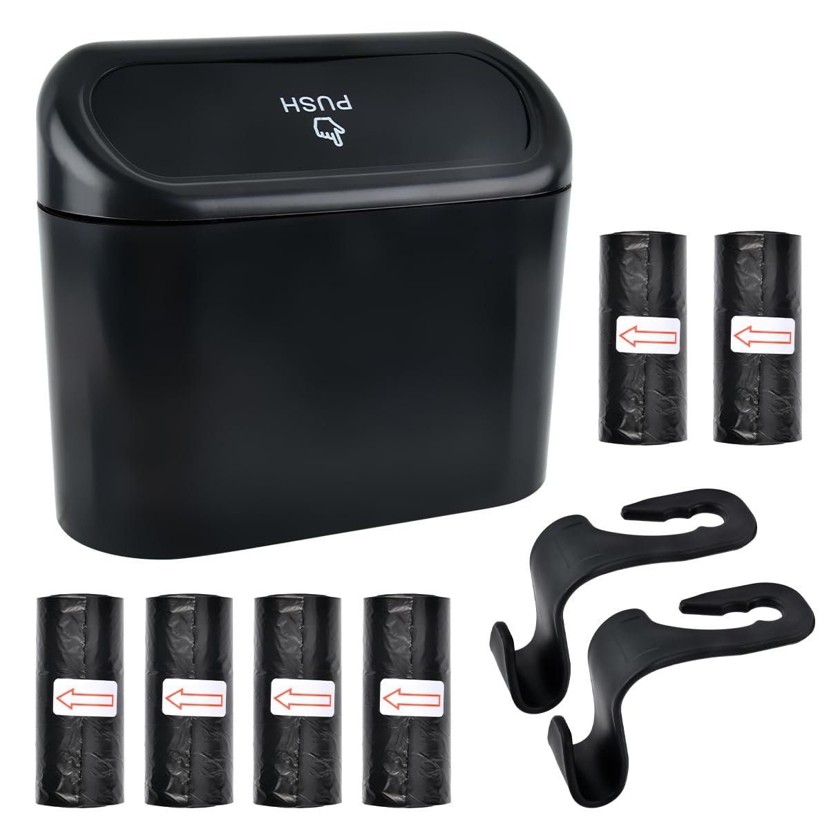 HUMOKI Poubelle de Voiture, Poubelle de Voiture avec Couvercle, Poubelle Voiture avec 90 PCS Petit Sac Poubelle de Voiture et 2 Crochets, Mini Poubelle Voiture, Poubelle De Voiture éTanche, Noir