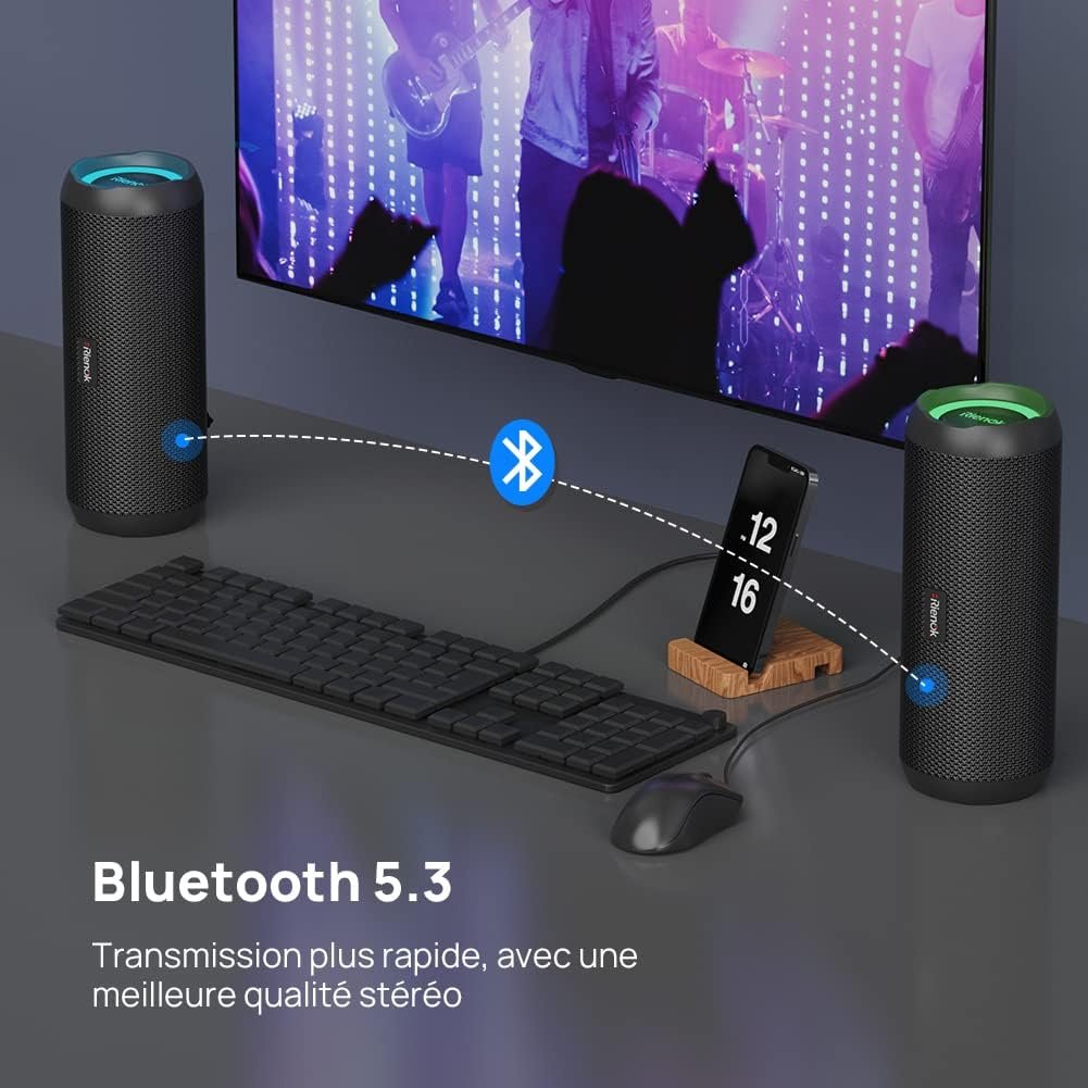 RIENOK Enceinte Portable Bluetooth aux Basses Renforcées, 30H, Bluetooth 5.3, 30W Enceinte Puissante, IPX7, AUX, TF Carte, pour Fêtes/Voyage/Extérieur, Noir – Image 5