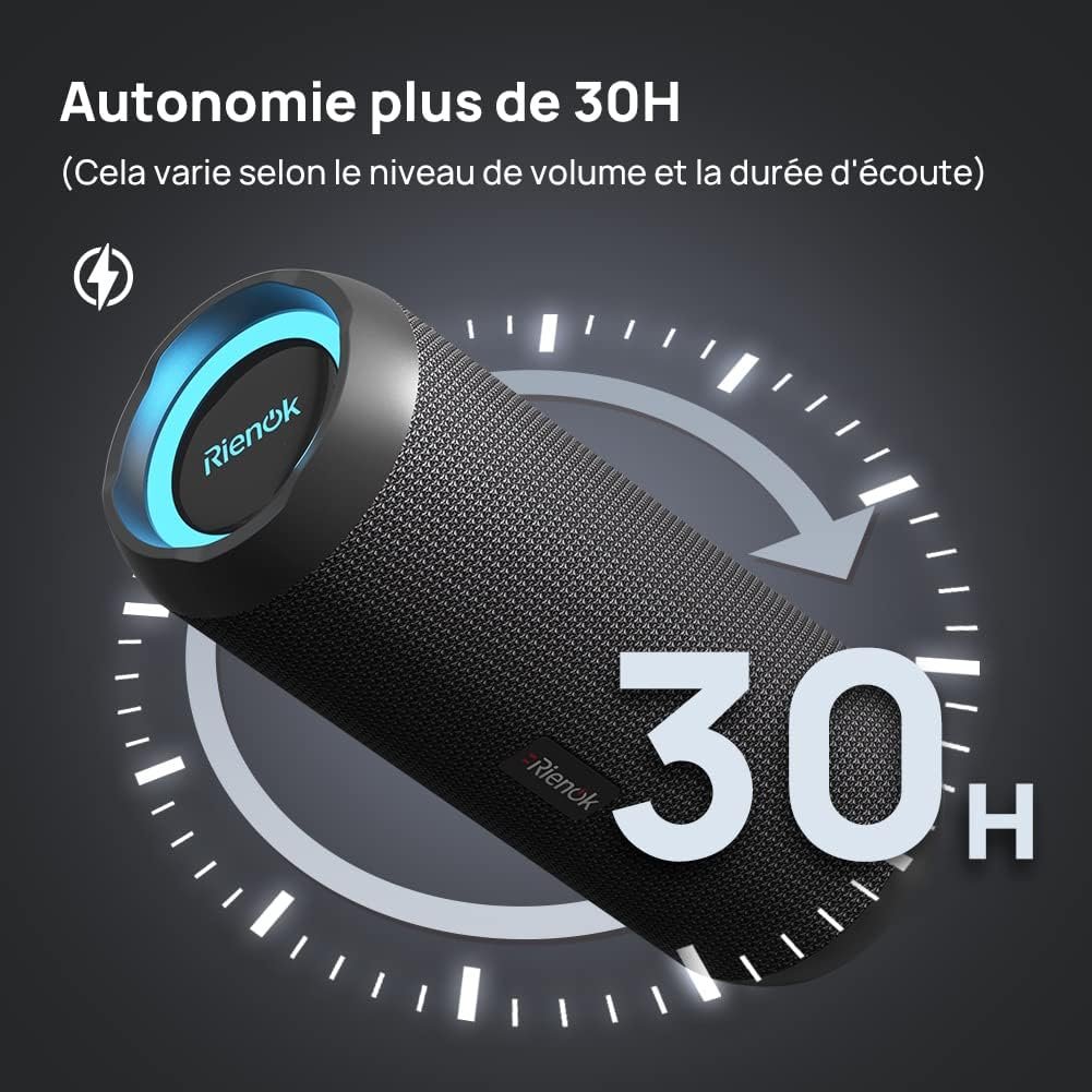 RIENOK Enceinte Portable Bluetooth aux Basses Renforcées, 30H, Bluetooth 5.3, 30W Enceinte Puissante, IPX7, AUX, TF Carte, pour Fêtes/Voyage/Extérieur, Noir – Image 3