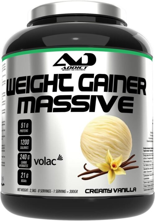 Addict sport nutrition – Weight gainer massive – Prise de masse musculaire avec protéine concentrée – Ultra calorique 1200 kcal par dose – 51g de protéine et 21g de BCAA – 2,5 kg – Goût vanille