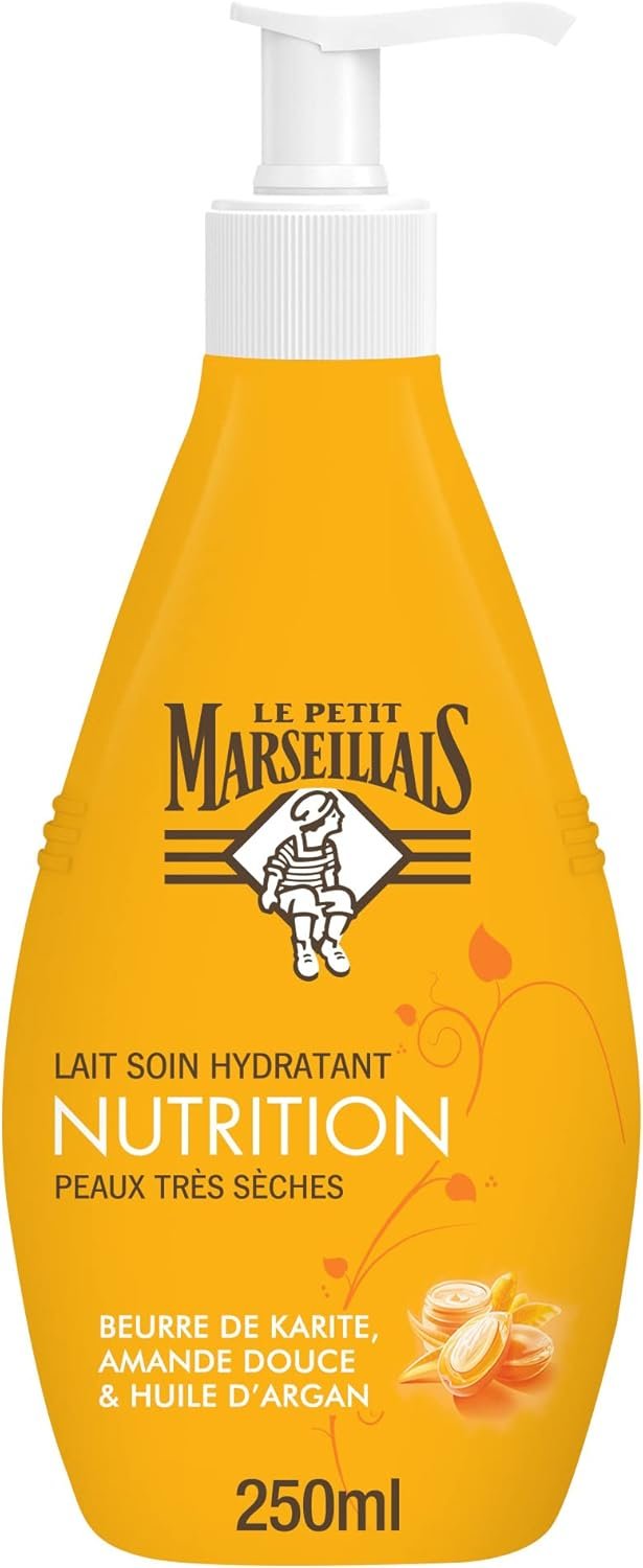 Le Petit Marseillais | Lait Soin Hydratant Nutrition Peaux Très Sèches (flacon-pompe de 250 ml) – Lait corps au beurre de karité, amande douce et huile d'argan – 24 h de confort cutané