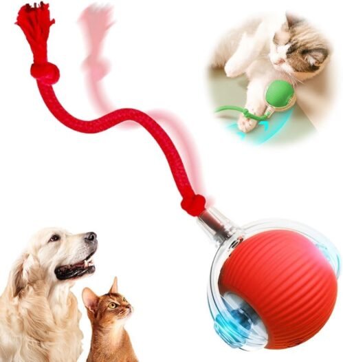 HOIDOKLY Balle interactive pour chat – Jouet interactif pour chien – Jouet automatique avec souris d’imitation de cordon – Jouet à rouler pour chien – Rouge