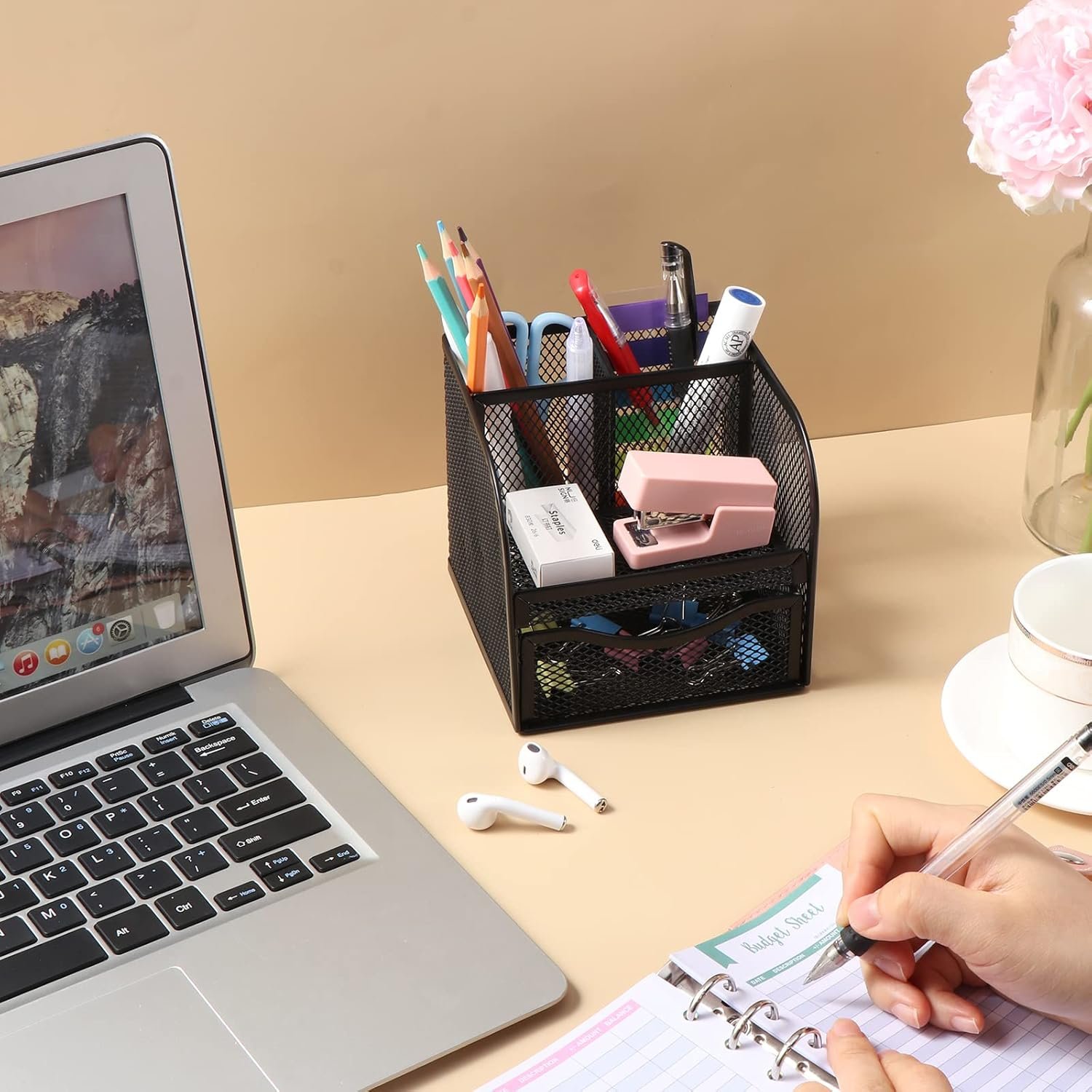 Vinabo Rangement Bureau, Organisateur de Bureau en Filet MéTallique, Pot a Crayon Bureau avec 4 Compartiments de Tri, Porte Stylo Peu Encombrant avec Tiroir Coulissant pour Papeterie, Maison, école – Image 6