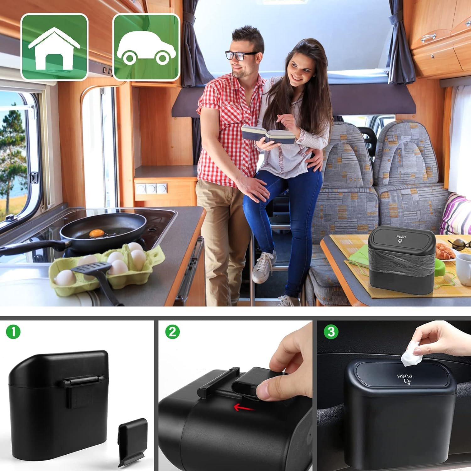 Poubelle de voiture - Avec 120 sacs poubelle de voiture - Petite poubelle multifonction avec couvercle - Boîte de rangement suspendue pour voiture, maison, bureau, cuisine – Image 2