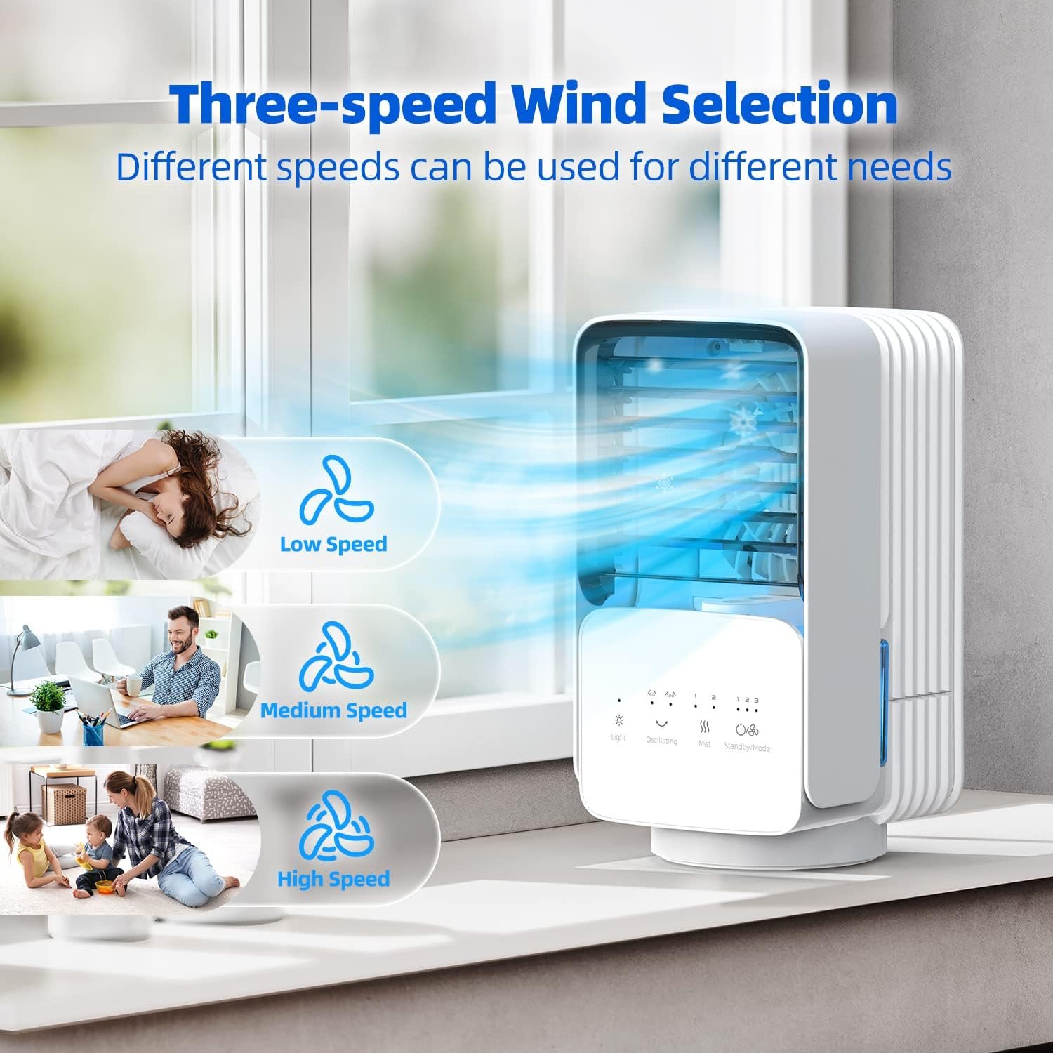 OMISOON Climatiseur Portable, Climatiseur Mobile Silencieux 4 en 1, 120° Oscillation, Refroidisseur d'air de 700 ml, 3 Vitesses, 2 Modes de Brumisation, Mini Climatiseur Adapté à la Coucher, Bureau – Image 5