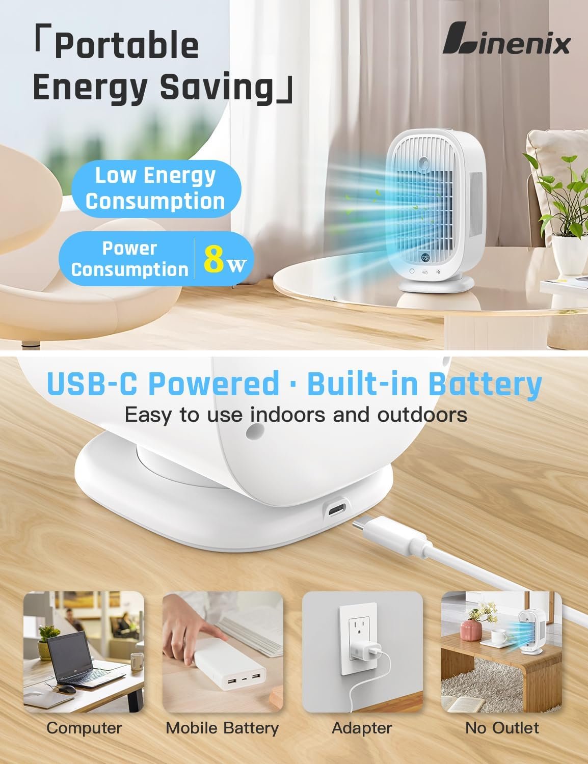 Climatiseur Mobile, Climatiseur Portable, Refroidisseur d'air 4 en 1, 45°/90°/120° Oscillation, 5 Vitesses, 2 Modes de Brume, Mini Climatiseur avec affichage LED, Idéal pour Maison, Bureau – Image 6