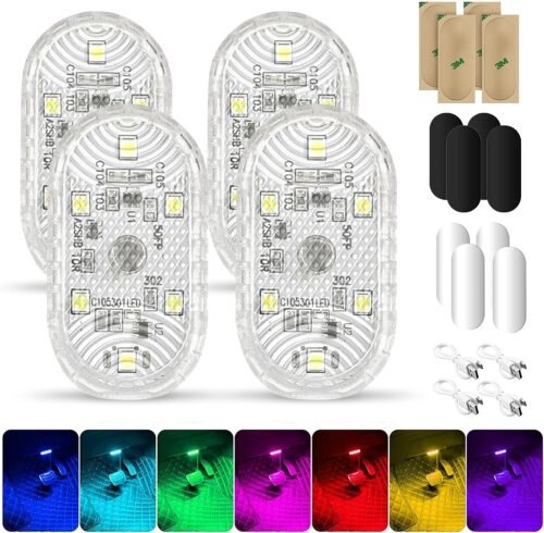 4Pcs RGB Éclairage Intérieur de Voiture,Lumière Voiture Interieur Tactile Lampe Voiture Intérieur,LED Voiture Interieur 7 Couleurs,Tactile Plafonnier de Voiture Rechargeable par USB