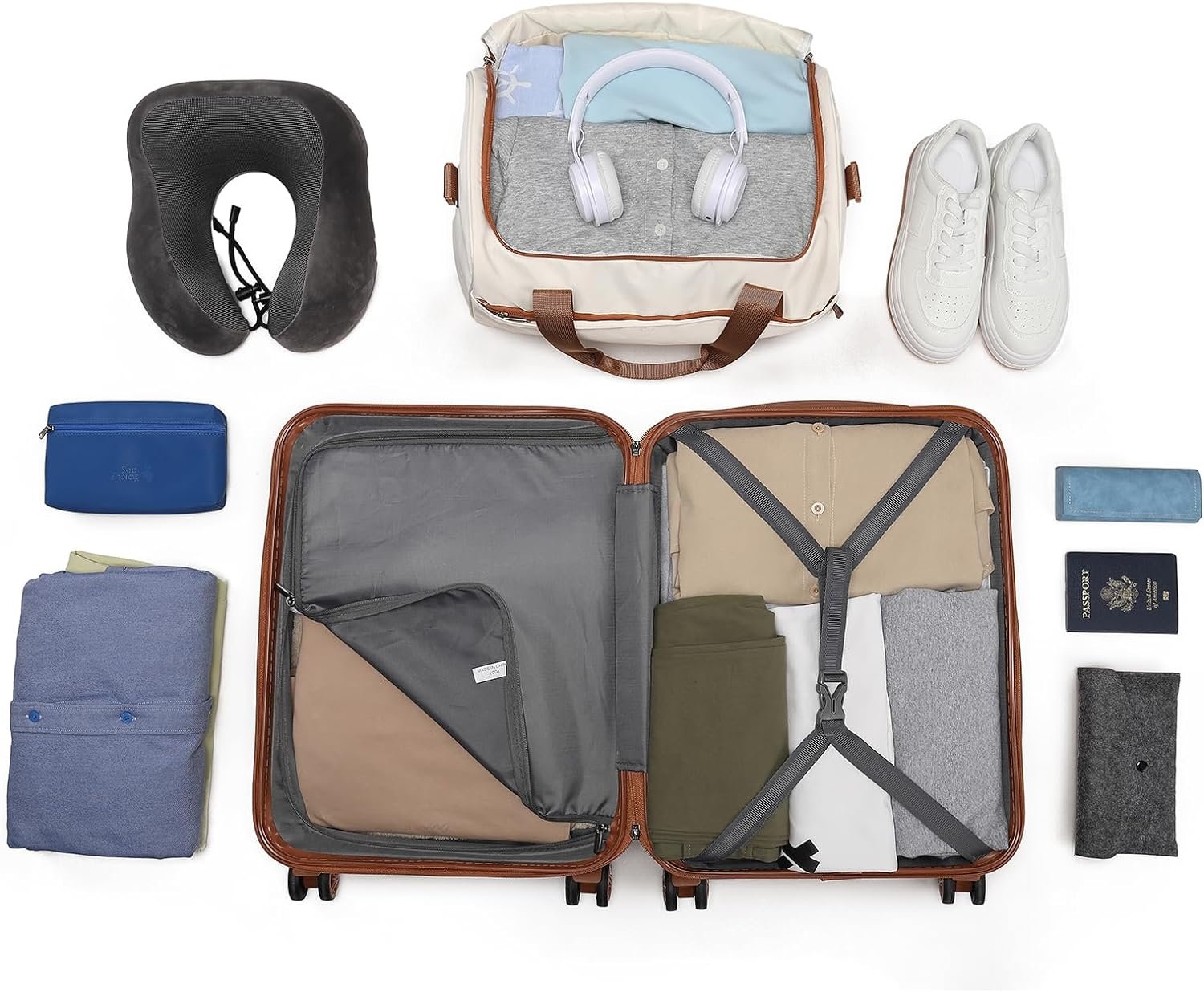 Kono Set de 2 Valises de Voyage Rigide Bagage Cabine 55cm à 4 roulettes avec Serrure TSA + Sac de Voyage Ryanair 40x20x25cm, Blanc Crème – Image 5